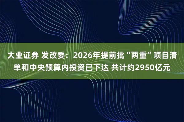 大业证券 发改委：2026年提前批“两重”项目清单和中央预算内投资已下达 共计约2950亿元